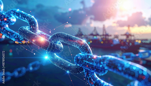 Digital blockchain network connecting global logistics and shipping industry at sunset