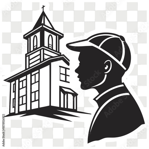 Silhouette of a person gazing at a church