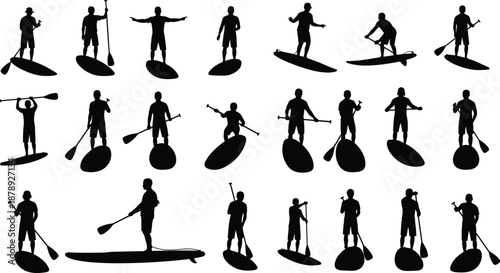 Silhouette collection of stand up paddleboarders in various poses holding paddles, representing water sports, recreation, fitness, and outdoor adventure
