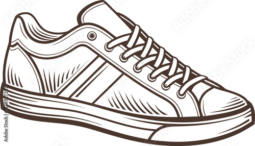 Hand drawn vector illustration of a pair of casual leather sneakers and an old walking boot with athletic shoelaces isolated on white