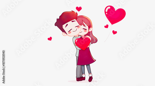 Cute Girl and Boy with Hearts Romantic Illustration