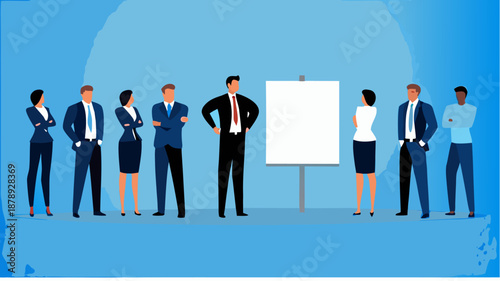 Diverse business team standing around blank presentation board in modern office