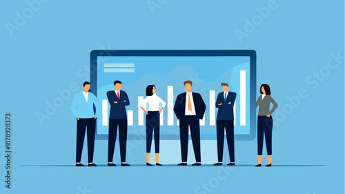 Business professionals analyzing data on large screen display together