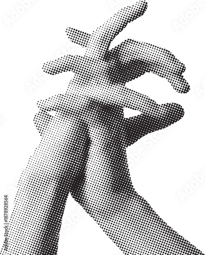 Two hands intertwined in a gentle gesture captured in a close-up illustration style photograph from a straight-on viewpoint