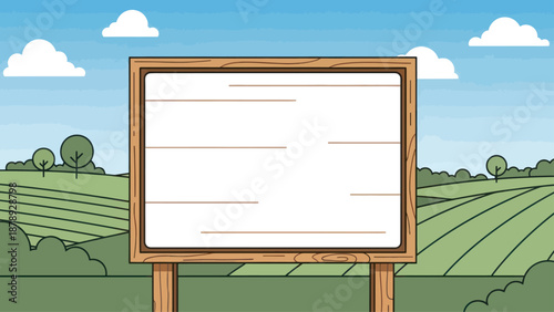 Blank wooden sign in a rural landscape with green rolling fields and blue sky
