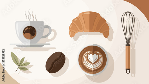 Flat illustration of coffee, croissant, and whisk on a light background.