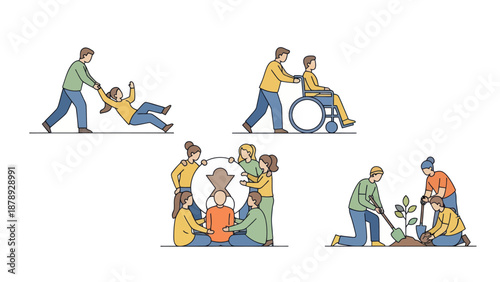 Collection of illustrations showing social support, volunteering, and charity activities