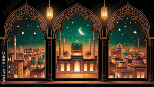 An illustrated night view of a mosque framed by beautifully designed arched windows, showcasing vibrant colors and a serene ambiance of a starry night.