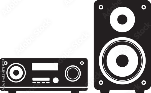 Black and white stereo system with amplifier and speaker audio equipment