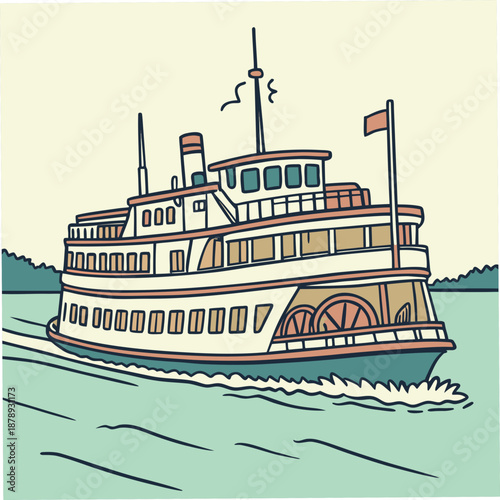 Illustrated riverboat on a calm waterway