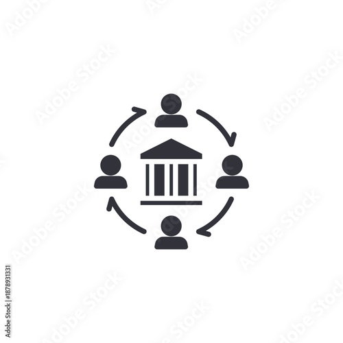 Collaborative decentralized banking icon showing people connected around financial institution representing community governance system.
