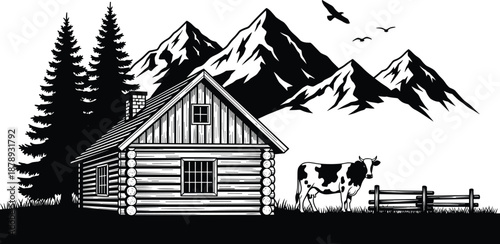 Rustic log cabin with mountain landscape, pine forest, grazing cow and birds, black and white vector illustration for rural countryside nature scenery