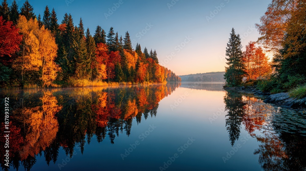 Obraz premium Vibrant autumn landscape with colorful forest reflecting in calm lake water at sunset