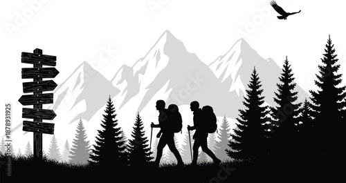 Silhouette hikers trekking through alpine forest with backpacks, mountains, pine trees, wooden signpost, birds, and scenic wilderness adventure illustration