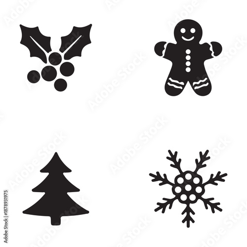 Christmas Silhouette Icons Set Holly, Gingerbread Man, Fir Tree and Snowflake Vector