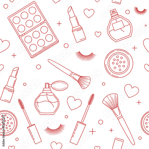 : Professional seamless pattern featuring cosmetics line icons including lipstick perfume makeup brushes and eyeshadow palettes.