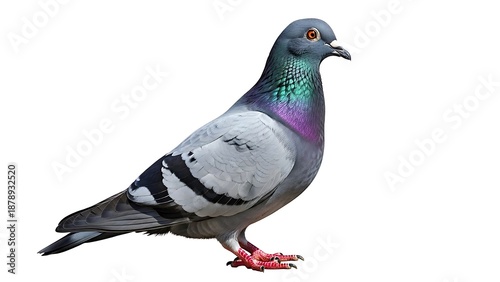 Professional profile of a Rock Pigeon showcasing its characteristic double wing bars and striking orange-red eyes clearly.