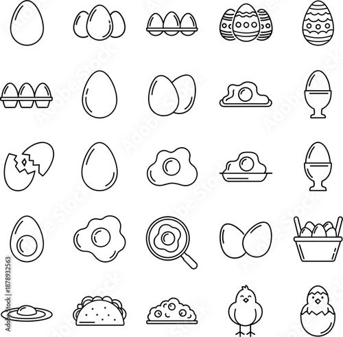 Professional line icons for eggs featuring fresh whole eggs fried eggs egg cartons and cute baby chicks.