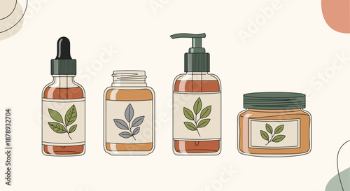 Collection of four glass apothecary-style bottles containing natural skincare products with herbal labels and different dispensers like pumps.
