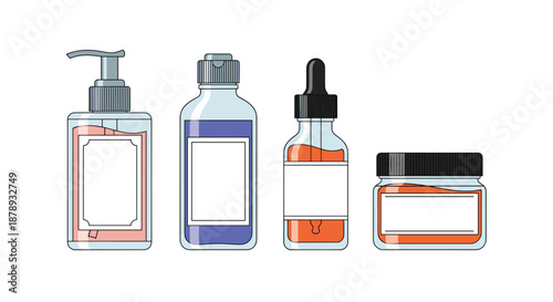 Set of four modern cosmetic containers including a pump bottle, cap bottle, dropper bottle, and a jar with colorful liquids.