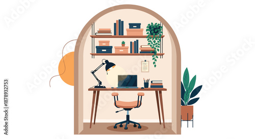 Stylish and organized home office workspace with a wooden desk, laptop, lamp, chair, bookshelves, and plants framed within a modern arch.