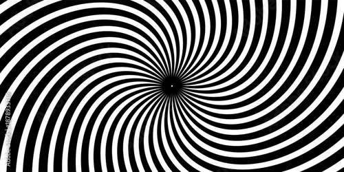 Hypnotic spirals background. Radial optical illusion. Black and white swirl tunnel wallpaper. Horizontal spinning concentric curves. Vortex or whirlpool design for poster, banner, flyer.