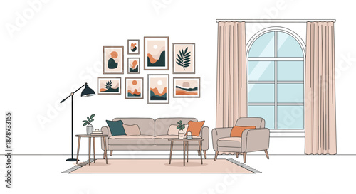 Modern living room interior design featuring a grey sofa gallery wall and large window with curtains.