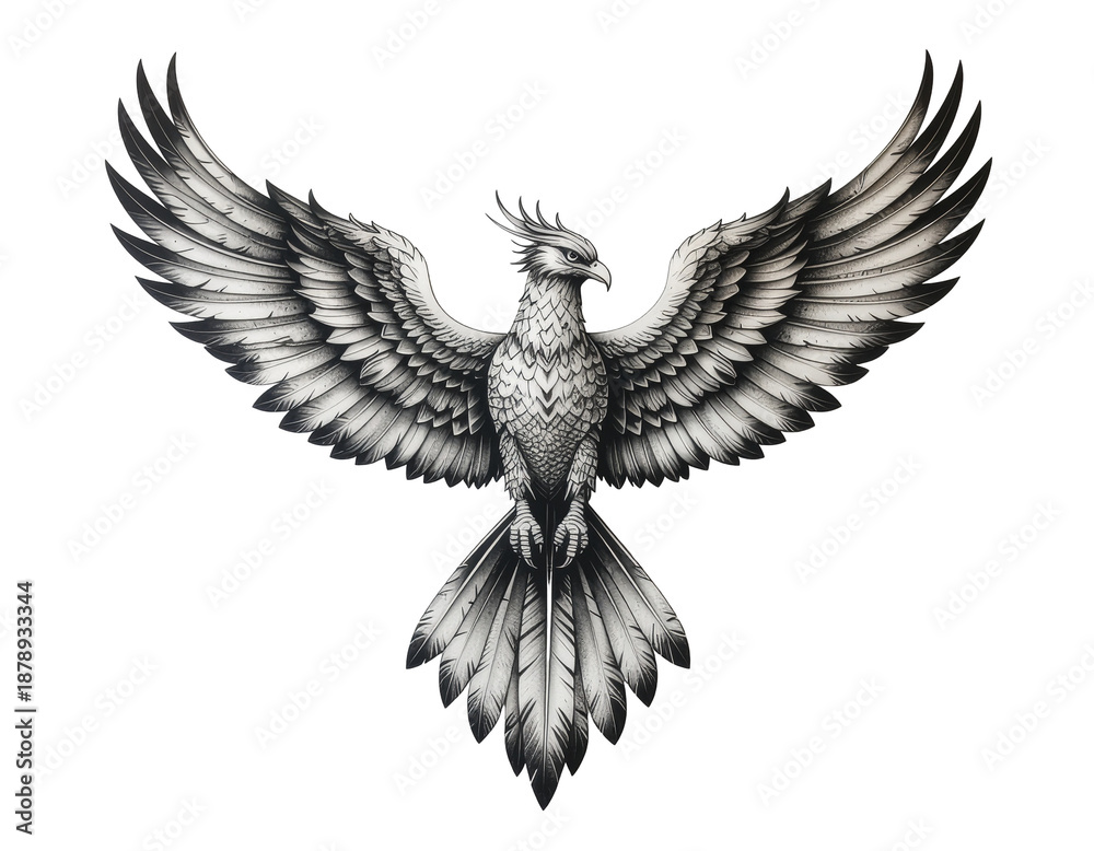 Obraz premium Eagle with wings spread full display monochrome ink drawing