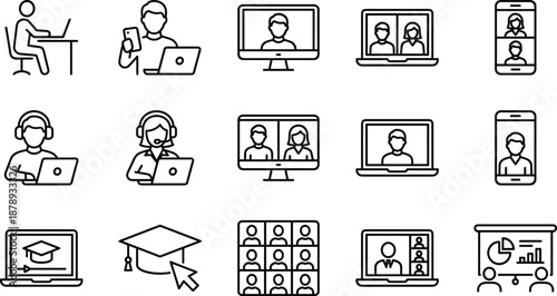 Online education and remote work icons, video conference, webinar, digital learning, home office, business telecommuting, virtual meeting, laptop communication vector.