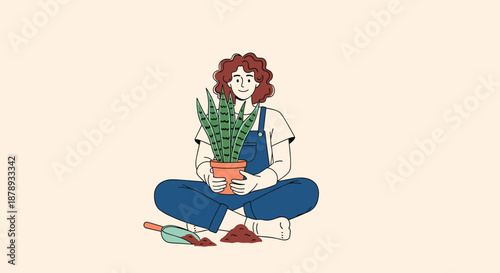 Young woman sitting cross-legged and planting a snake plant in a ceramic pot for home gardening.