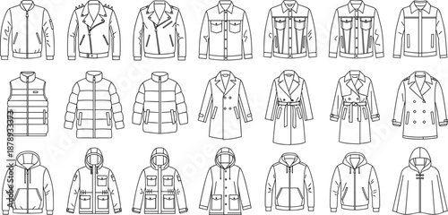  Outerwear Icon Set Featuring Jackets, Winter Coats, Bomber Jackets, Vests, Fashion Apparel, and Clothing Line Art