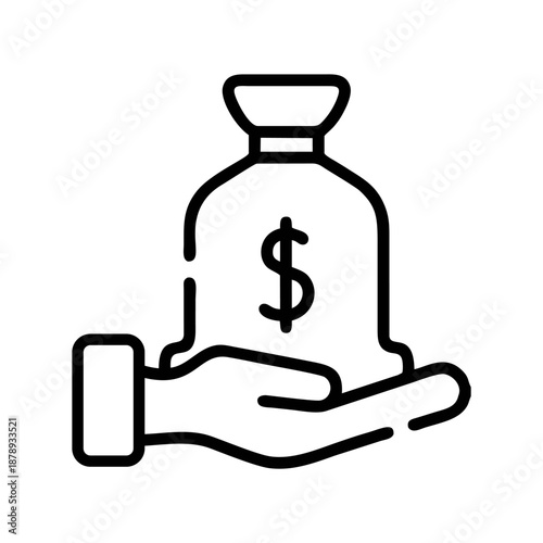 Hand holding money bag icon.