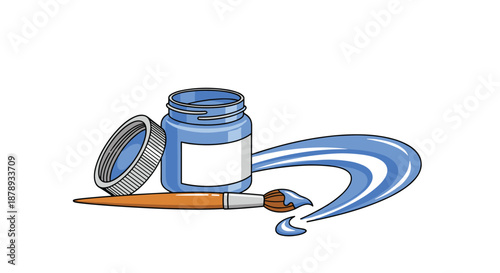 Jar of blue paint with an open lid and a paintbrush creating a stroke for art and creativity.