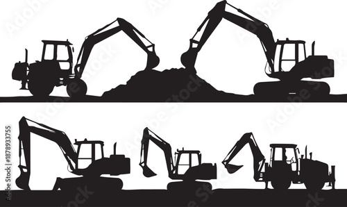 Collection of excavator silhouettes on a white background