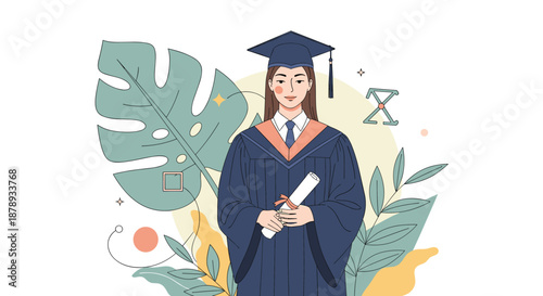 Young female student in a graduation gown and cap holding a diploma with leaves background.