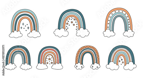 Collection of hand drawn rainbows in muted earth tones with clouds and stars for children nursery.