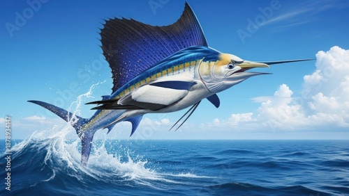 A sailfish leaping out of the water with a blue sky and white clouds in the background.