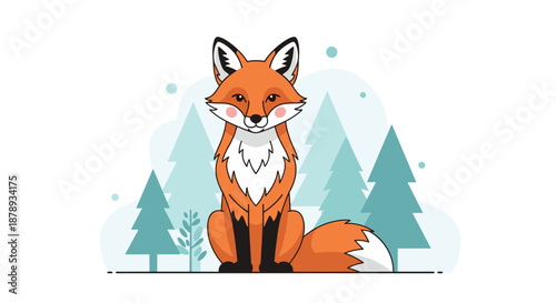 Red fox sitting in a snowy forest with pine trees background for winter wildlife illustration.