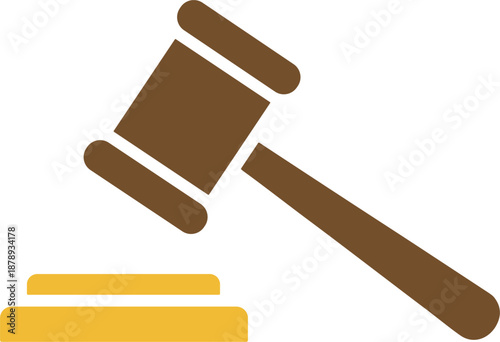 Professional brown judge gavel and yellow sound block silhouette icon isolated on a white background for legal design.