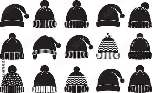 Collection of knitted winter hats with pom-poms and ribbed details