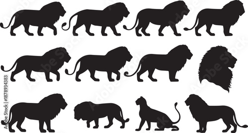 Collection of black lion silhouettes in various poses