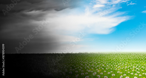 abstraktes Bild mit Blumenwiese und Blaue Himmel