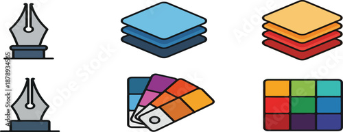 Graphic Design Tools Vector Icon Set: Pen Nib, Layers, and Color Palette Swatches