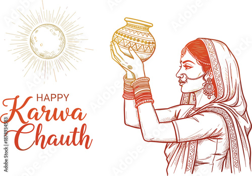 Detailed vector sketch for Happy Karwa Chauth featuring a woman in profile holding a ritual pot toward the moon.