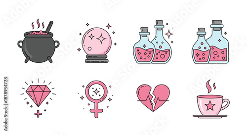Assorted magical icons in a soft color palette including an elixir bottle, a glowing crystal ball, a potion cauldron, and feminine symbols.