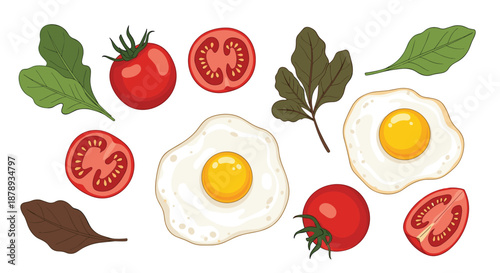Assorted breakfast food items featuring fried eggs with bright yolks, whole and sliced cherry tomatoes, and fresh green leafy herbs.