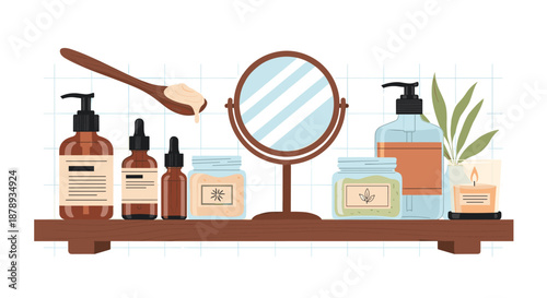 Collection of natural skincare and beauty products arranged on a wooden shelf next to a circular mirror and a lit scented candle.