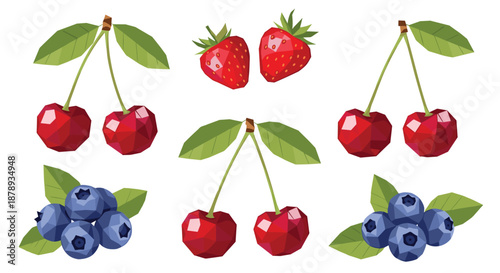 Set of faceted low poly illustrations of ripe cherries, strawberries, and blueberries with green leaves, creating a modern geometric look.