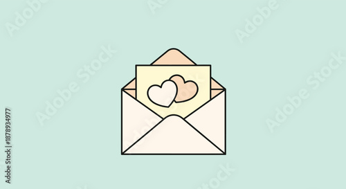 Romantic greeting card showing an open envelope with a letter inside featuring two interlocking hearts on a soft light green background.