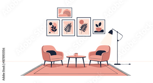 Cozy living room interior scene featuring two pink armchairs, a coffee table, a floor lamp, and a series of botanical art on the wall.